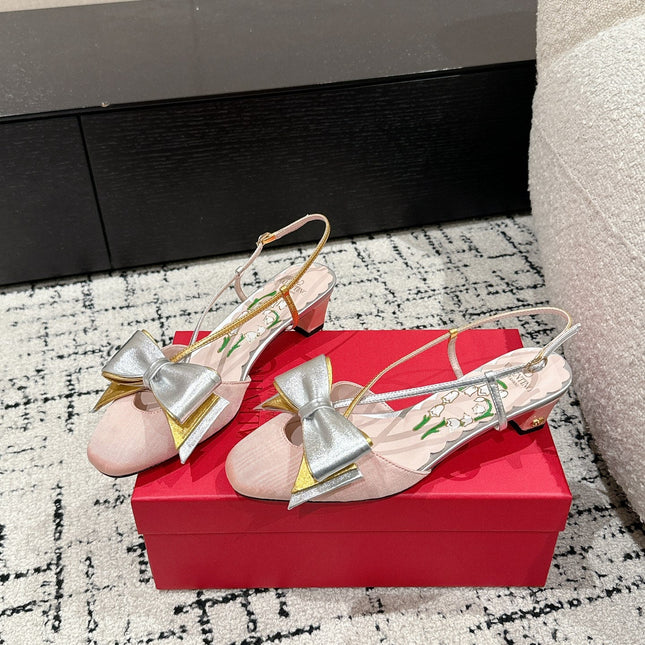 VLTN HIGH HEEL 25S 40 MM IN LIGHT PINK FABRIC MIX SILVER CALFSKIN WITH BOW