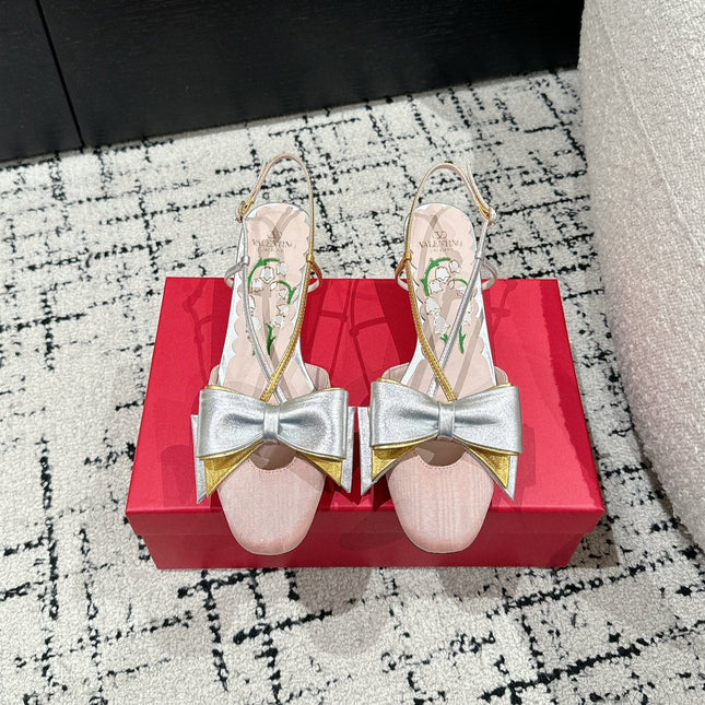 VLTN HIGH HEEL 25S 40 MM IN LIGHT PINK FABRIC MIX SILVER CALFSKIN WITH BOW