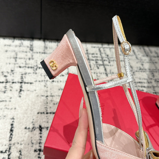 VLTN HIGH HEEL 25S 40 MM IN LIGHT PINK FABRIC MIX SILVER CALFSKIN WITH BOW