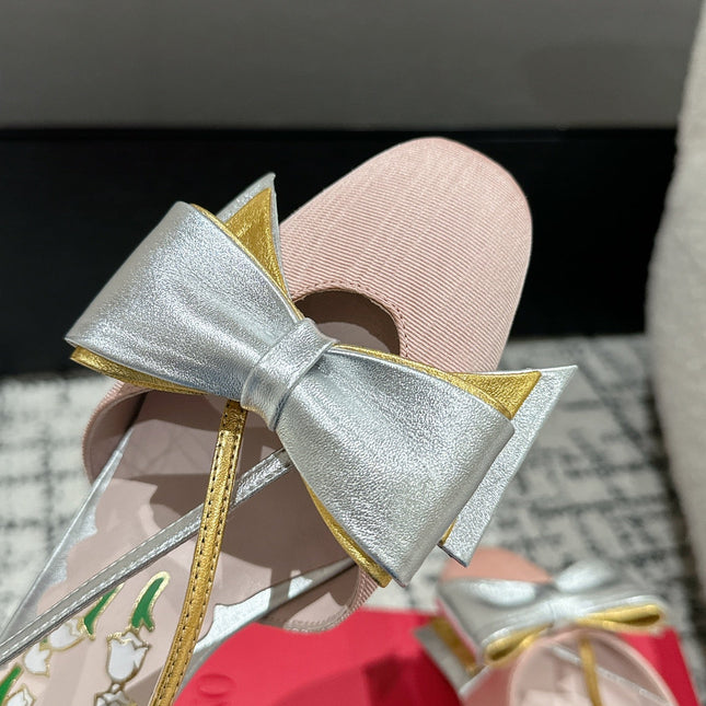 VLTN HIGH HEEL 25S 40 MM IN LIGHT PINK FABRIC MIX SILVER CALFSKIN WITH BOW