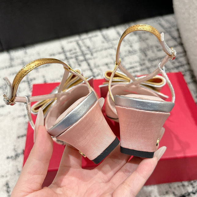 VLTN HIGH HEEL 25S 40 MM IN LIGHT PINK FABRIC MIX SILVER CALFSKIN WITH BOW