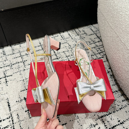 VLTN HIGH HEEL 25S 40 MM IN LIGHT PINK FABRIC MIX SILVER CALFSKIN WITH BOW