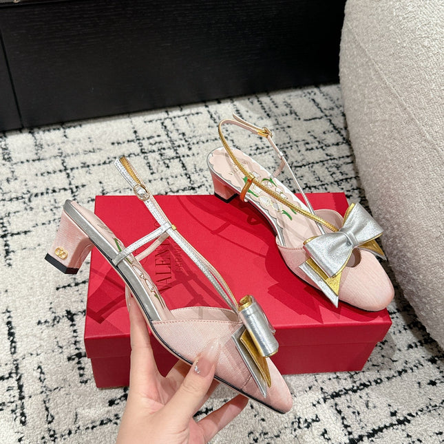 VLTN HIGH HEEL 25S 40 MM IN LIGHT PINK FABRIC MIX SILVER CALFSKIN WITH BOW