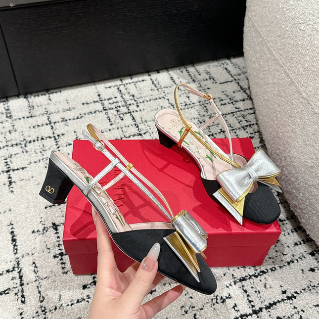 VLTN HIGH HEEL 25S 40 MM IN BLACK FABRIC MIX SILVER CALFSKIN WITH BOW