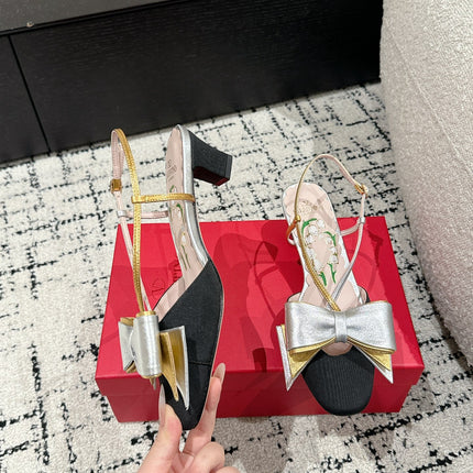 VLTN HIGH HEEL 25S 40 MM IN BLACK FABRIC MIX SILVER CALFSKIN WITH BOW