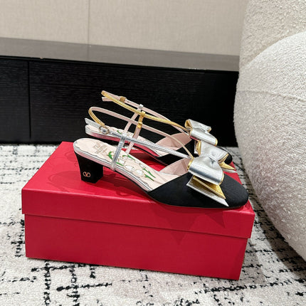 VLTN HIGH HEEL 25S 40 MM IN BLACK FABRIC MIX SILVER CALFSKIN WITH BOW