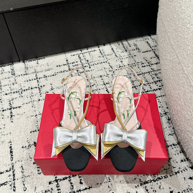 VLTN HIGH HEEL 25S 40 MM IN BLACK FABRIC MIX SILVER CALFSKIN WITH BOW