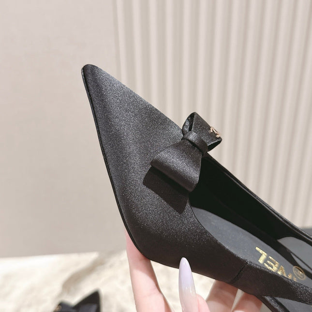 CC HIGH SLINGBACK IN BLACK SATIN WITH BOW ATTACHED