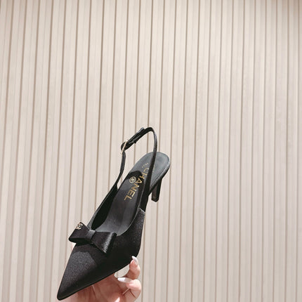 CC HIGH SLINGBACK IN BLACK SATIN WITH BOW ATTACHED