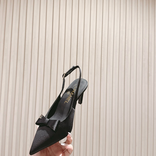 CC HIGH SLINGBACK IN BLACK SATIN WITH BOW ATTACHED