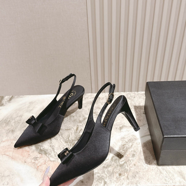 CC HIGH SLINGBACK IN BLACK SATIN WITH BOW ATTACHED