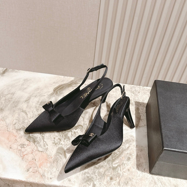 CC HIGH SLINGBACK IN BLACK SATIN WITH BOW ATTACHED