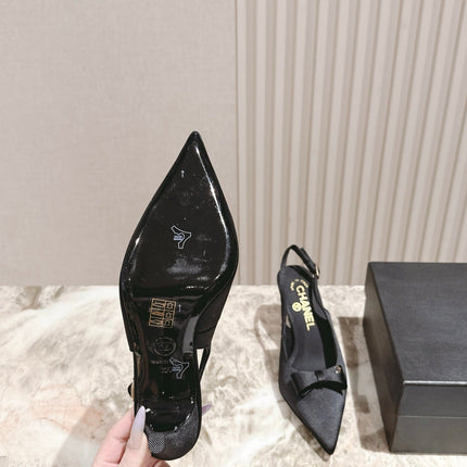 CC HIGH SLINGBACK IN BLACK SATIN WITH BOW ATTACHED