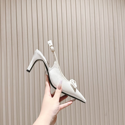 CC HIGH SLINGBACK IN WHITE SATIN WITH BOW ATTACHED