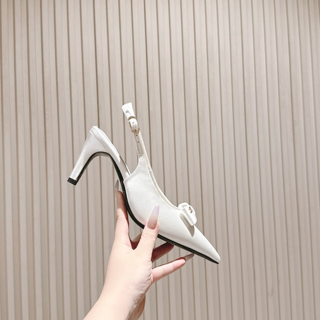 CC HIGH SLINGBACK IN WHITE SATIN WITH BOW ATTACHED