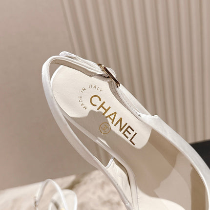 CC HIGH SLINGBACK IN WHITE SATIN WITH BOW ATTACHED