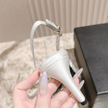 CC HIGH SLINGBACK IN WHITE SATIN WITH BOW ATTACHED