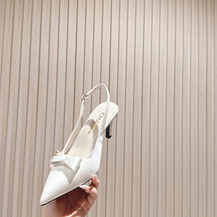 CC HIGH SLINGBACK IN WHITE SATIN WITH BOW ATTACHED