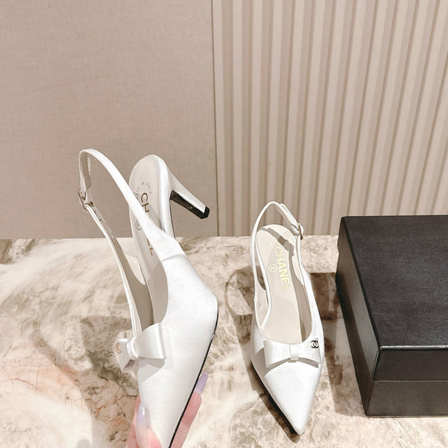 CC HIGH SLINGBACK IN WHITE SATIN WITH BOW ATTACHED