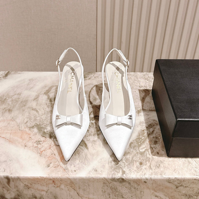 CC HIGH SLINGBACK IN WHITE SATIN WITH BOW ATTACHED