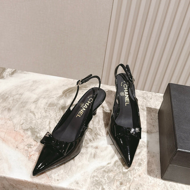 CC HIGH SLINGBACK IN BLACK LAMBSKIN WITH BOW ATTACHED