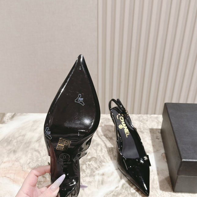 CC HIGH SLINGBACK IN BLACK LAMBSKIN WITH BOW ATTACHED