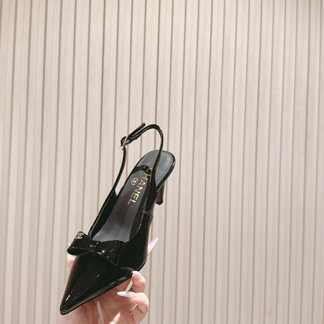 CC HIGH SLINGBACK IN BLACK LAMBSKIN WITH BOW ATTACHED