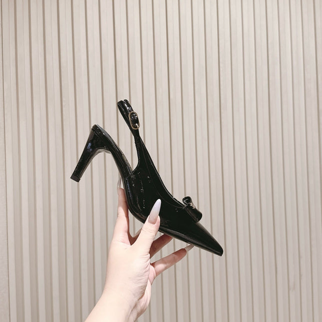 CC HIGH SLINGBACK IN BLACK LAMBSKIN WITH BOW ATTACHED
