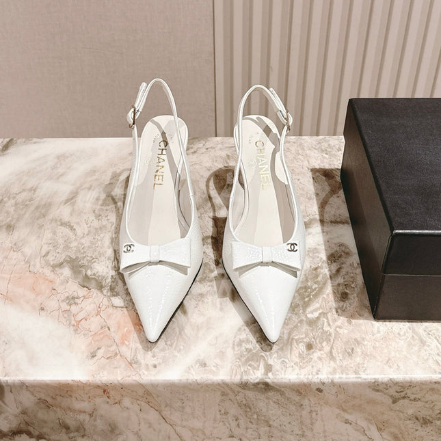CC HIGH SLINGBACK IN CREAM WHITE LAMBSKIN WITH BOW ATTACHED