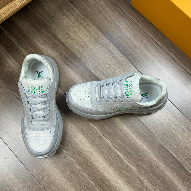 LV SPORT SNEAKER IN WHITE MIX GREY CALFSKIN WITH GREEN LOGO