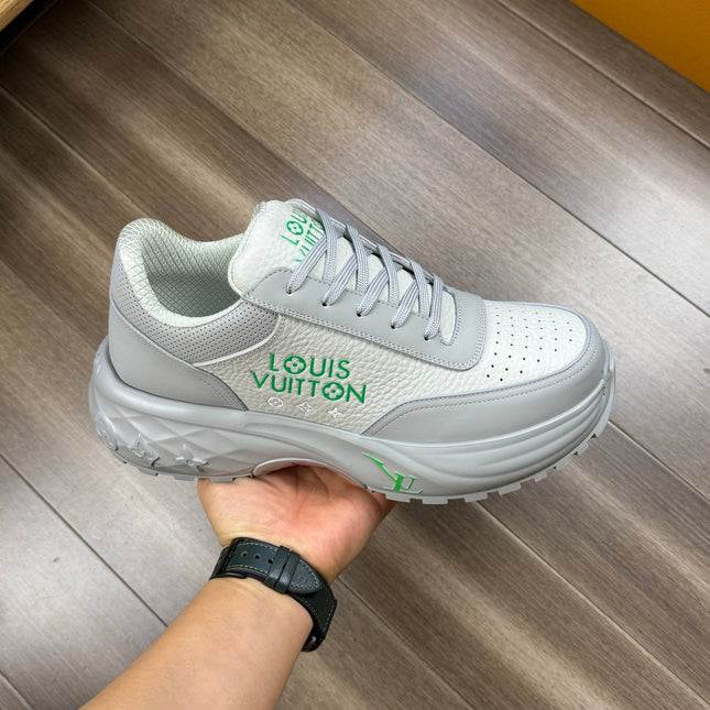 LV SPORT SNEAKER IN WHITE MIX GREY CALFSKIN WITH GREEN LOGO
