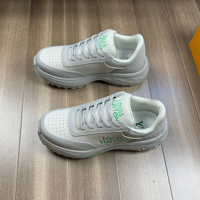 LV SPORT SNEAKER IN WHITE MIX GREY CALFSKIN WITH GREEN LOGO