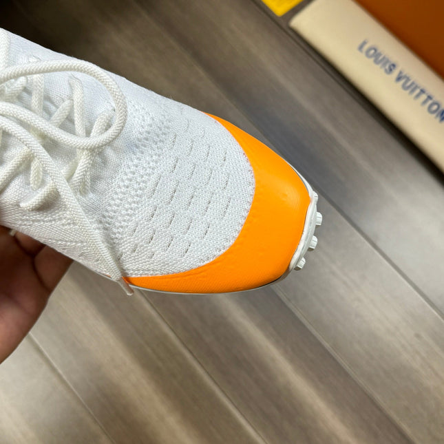 SNEAKERS IN WHITE MESH BREATHABLE FABRIC AND BLUE MIX ORANGE CALFSKIN
