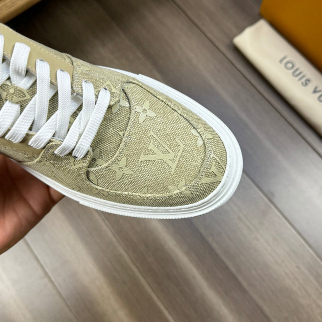 LV TRAINER SNEAKER IN OLIVE YELLOW MONOGRAM DENIM