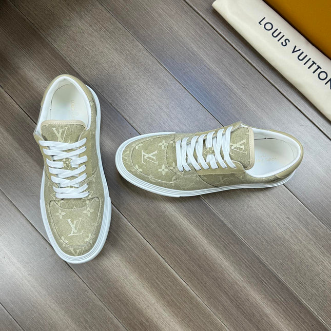 LV TRAINER SNEAKER IN OLIVE YELLOW MONOGRAM DENIM