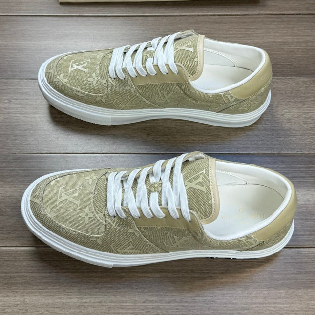 LV TRAINER SNEAKER IN OLIVE YELLOW MONOGRAM DENIM