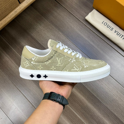 LV TRAINER SNEAKER IN OLIVE YELLOW MONOGRAM DENIM