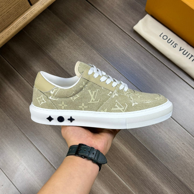 LV TRAINER SNEAKER IN OLIVE YELLOW MONOGRAM DENIM