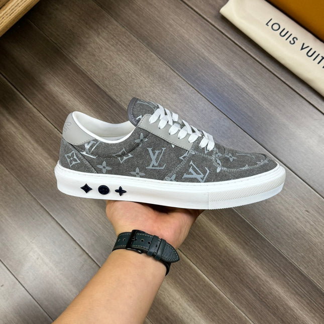 LV TRAINER SNEAKER IN GREY PASTEL MONOGRAM DENIM