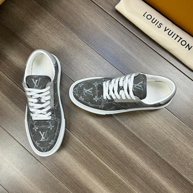 LV TRAINER SNEAKER IN GREY PASTEL MONOGRAM DENIM