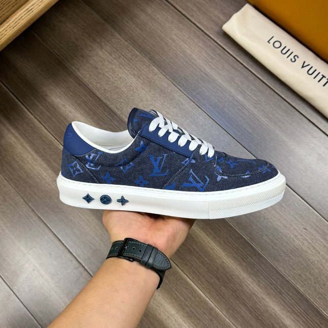 LV TRAINER SNEAKER IN BLACK AND BLUE MONOGRAM DENIM