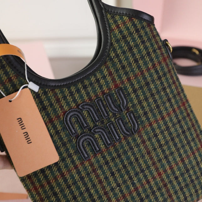 IVY MINI TOTE BAG 20 IN COLORFUL TARTAN AND BLACK LEATHER TRIM