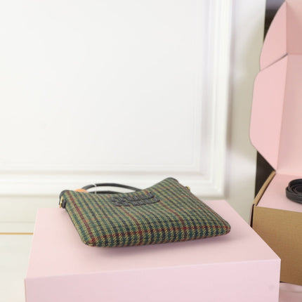 IVY MINI TOTE BAG 20 IN COLORFUL TARTAN AND BLACK LEATHER TRIM