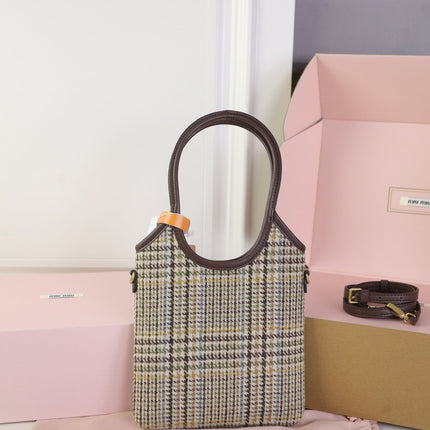 IVY MINI TOTE BAG 20 IN COLORFUL TARTAN AND BROWN LEATHER TRIM