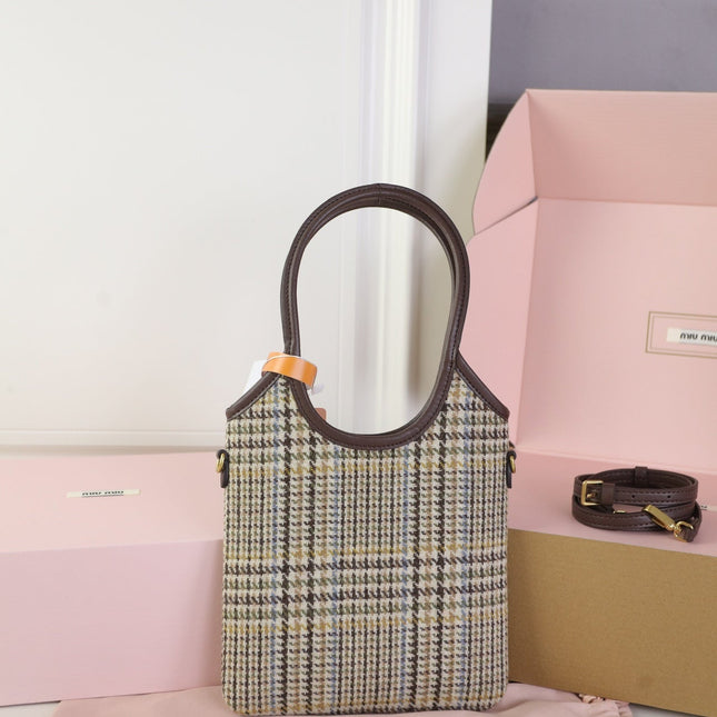 IVY MINI TOTE BAG 20 IN COLORFUL TARTAN AND BROWN LEATHER TRIM
