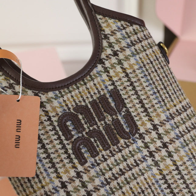 IVY MINI TOTE BAG 20 IN COLORFUL TARTAN AND BROWN LEATHER TRIM