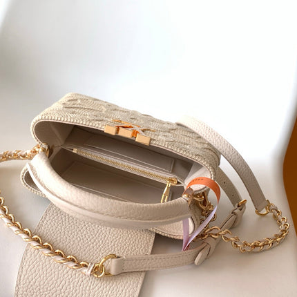 LV 25S CAPUCINES MINI BAG 21 IN VANILLA-COLORED EMBROIDERED CANVAS