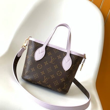 LV 25S NEVERFULL BANDOULIÈRE INSIDE OUT BB 24 IN LIGHT PURPLE AND BROWN CALFSKIN