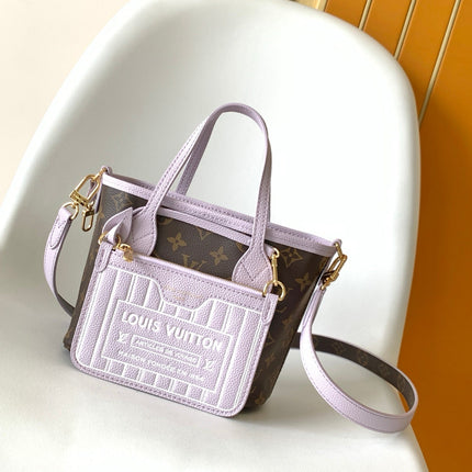 LV 25S NEVERFULL BANDOULIÈRE INSIDE OUT BB 31 IN LIGHT PURPLE AND BROWN CALFSKIN