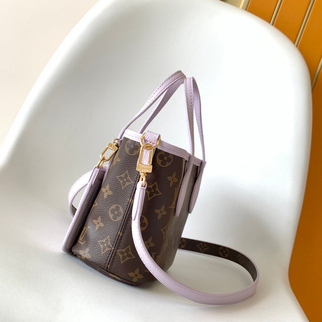 LV 25S NEVERFULL BANDOULIÈRE INSIDE OUT BB 24 IN LIGHT PURPLE AND BROWN CALFSKIN